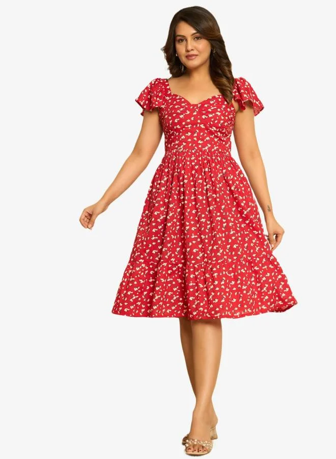 ملائم فستان ميدي فيسكوز مطبوع باللون الأحمر